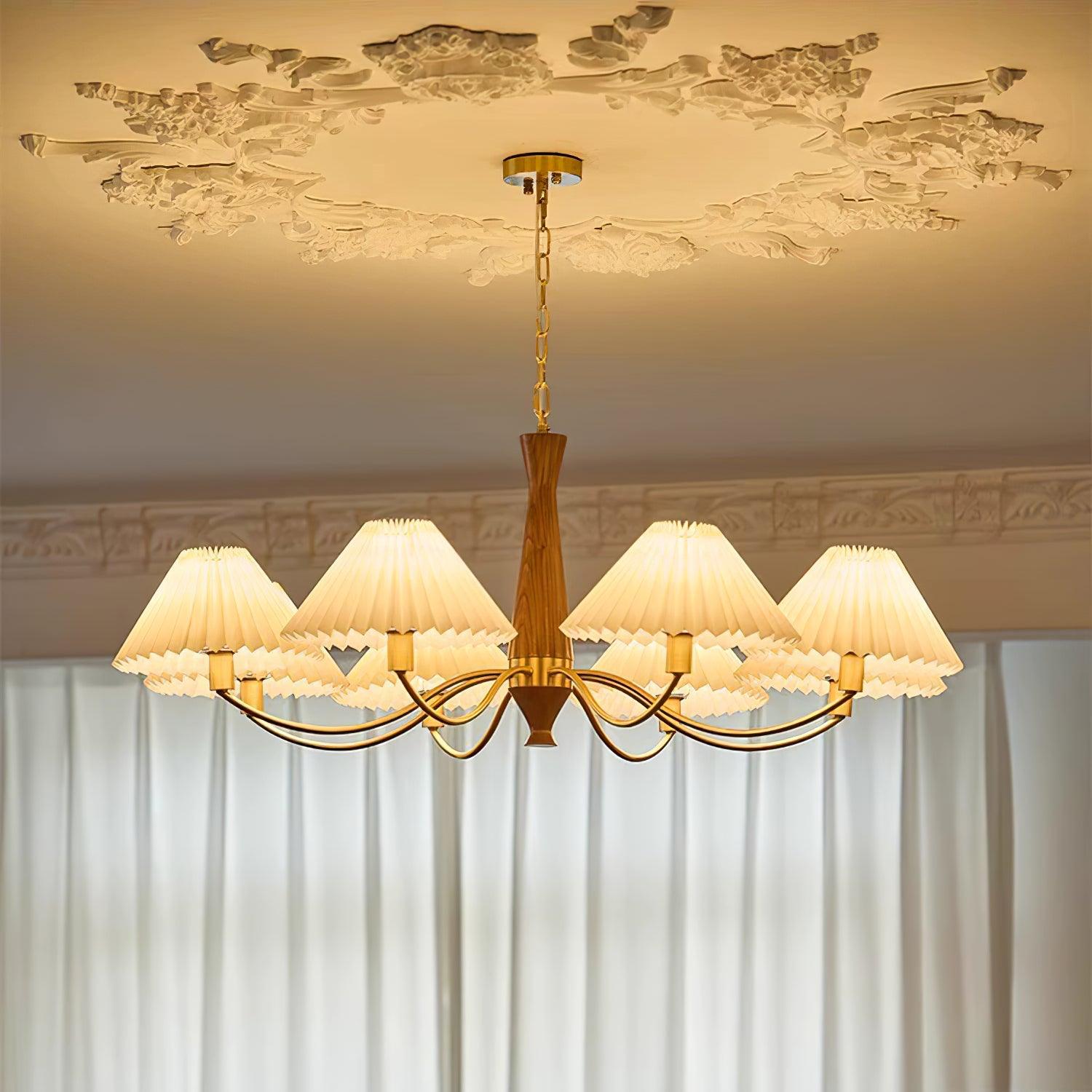 Chandelier Wood Iron 27.6 in Beige Pleated Shade Dining Room Ceiling Light Fixture Adjustable Multi Arm | Thomler