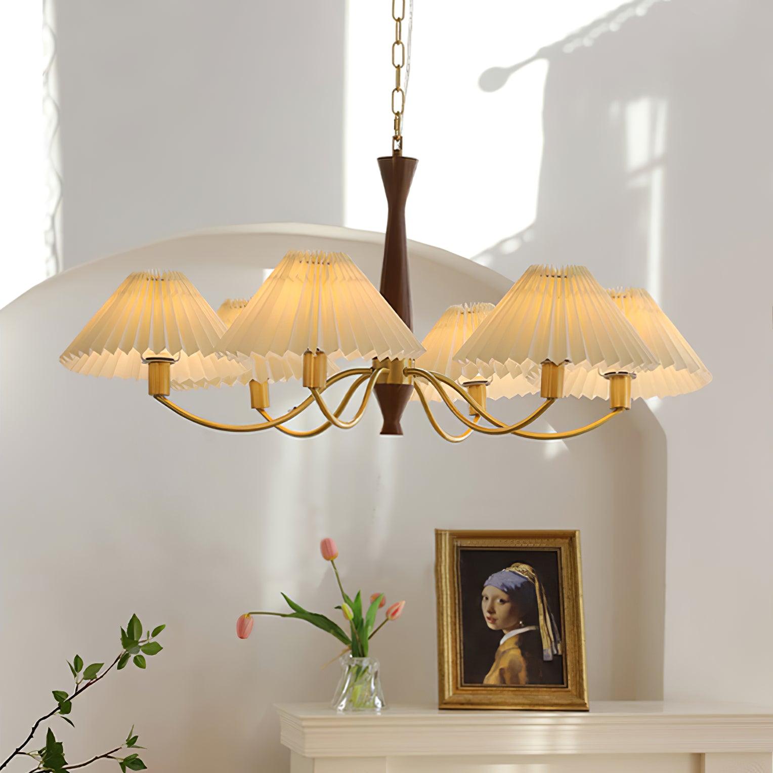 Chandelier Wood Iron 27.6 in Beige Pleated Shade Dining Room Ceiling Light Fixture Adjustable Multi Arm | Thomler