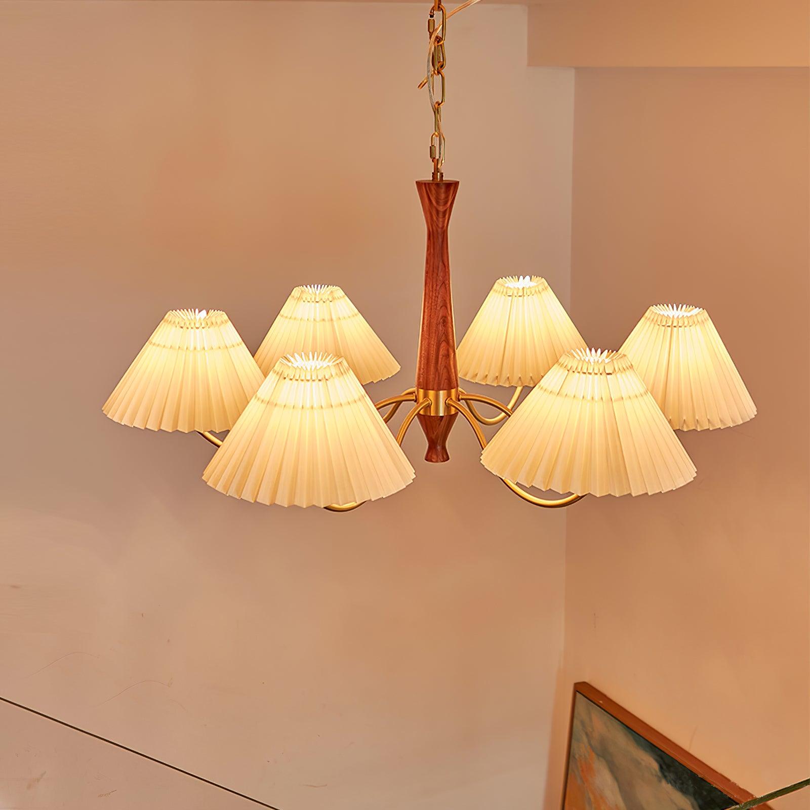 Chandelier Wood Iron 27.6 in Beige Pleated Shade Dining Room Ceiling Light Fixture Adjustable Multi Arm | Thomler
