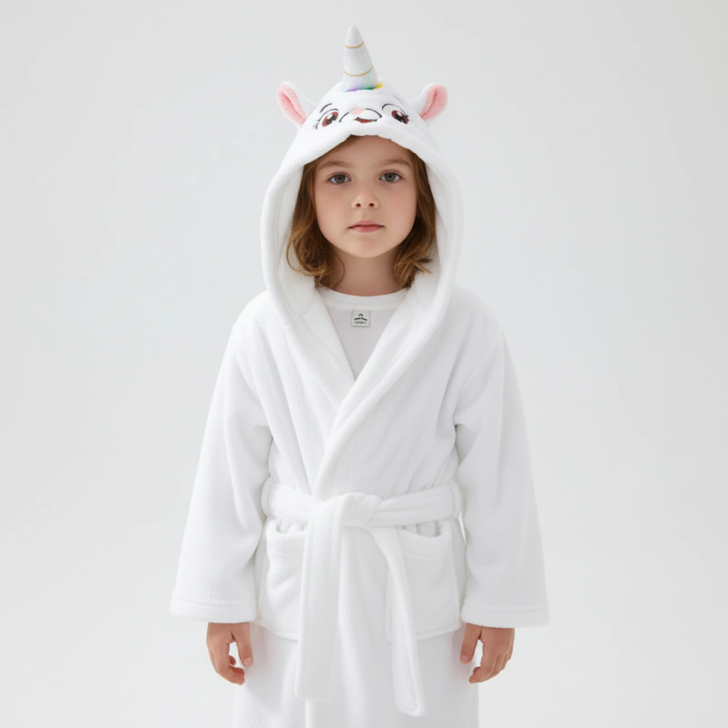 Kids Hooded Bathrobe Space Animal Print Coral Fleece Warm Morning Gown Boys Girls 2-12 Years Soft Tie Belt Bath Robe | Thomler