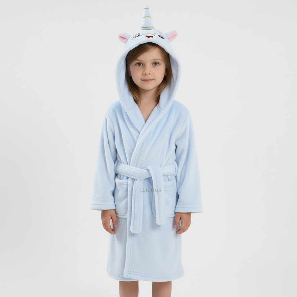 Kids Hooded Bathrobe Space Animal Print Coral Fleece Warm Morning Gown Boys Girls 2-12 Years Soft Tie Belt Bath Robe | Thomler