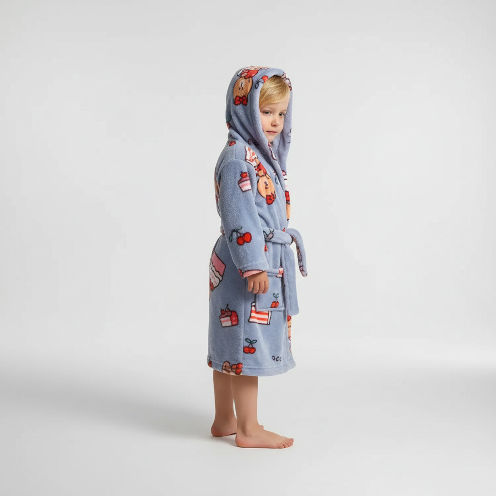 Kids Hooded Bathrobe Space Animal Print Coral Fleece Warm Morning Gown Boys Girls 2-12 Years Soft Tie Belt Bath Robe | Thomler