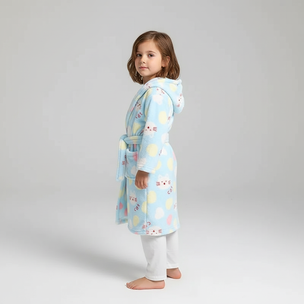Kids Hooded Bathrobe Space Animal Print Coral Fleece Warm Morning Gown Boys Girls 2-12 Years Soft Tie Belt Bath Robe | Thomler