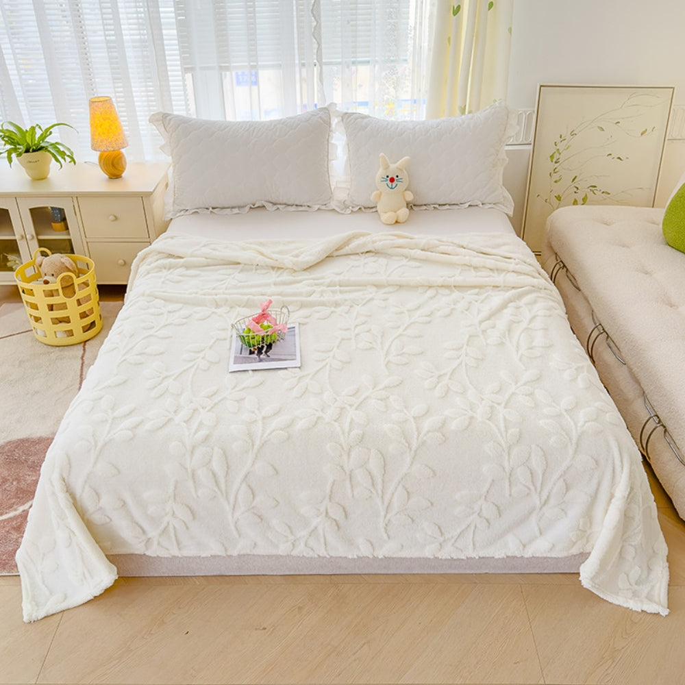 Textured Microfiber Fleece Throw Blanket – Botanical Relief Pattern, Machine Washable, All-Season – 4 Sizes | Thomler