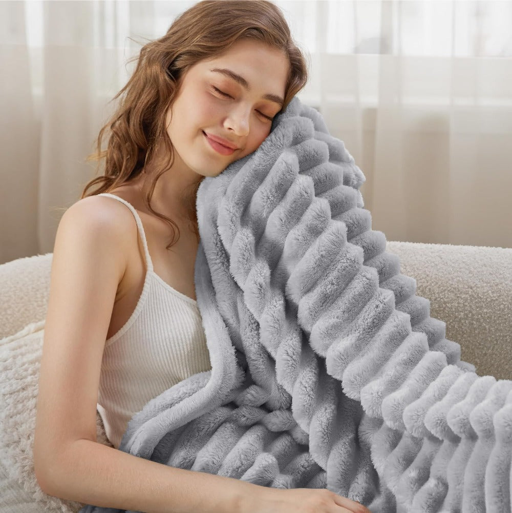 Ribbed Fleece Throw Blanket Soft Cozy 59x79 or 79x91 inch Year-Round Warmth for Couch Bed Living Room Bedroom Rose Gray Blue Ivory | Thomler