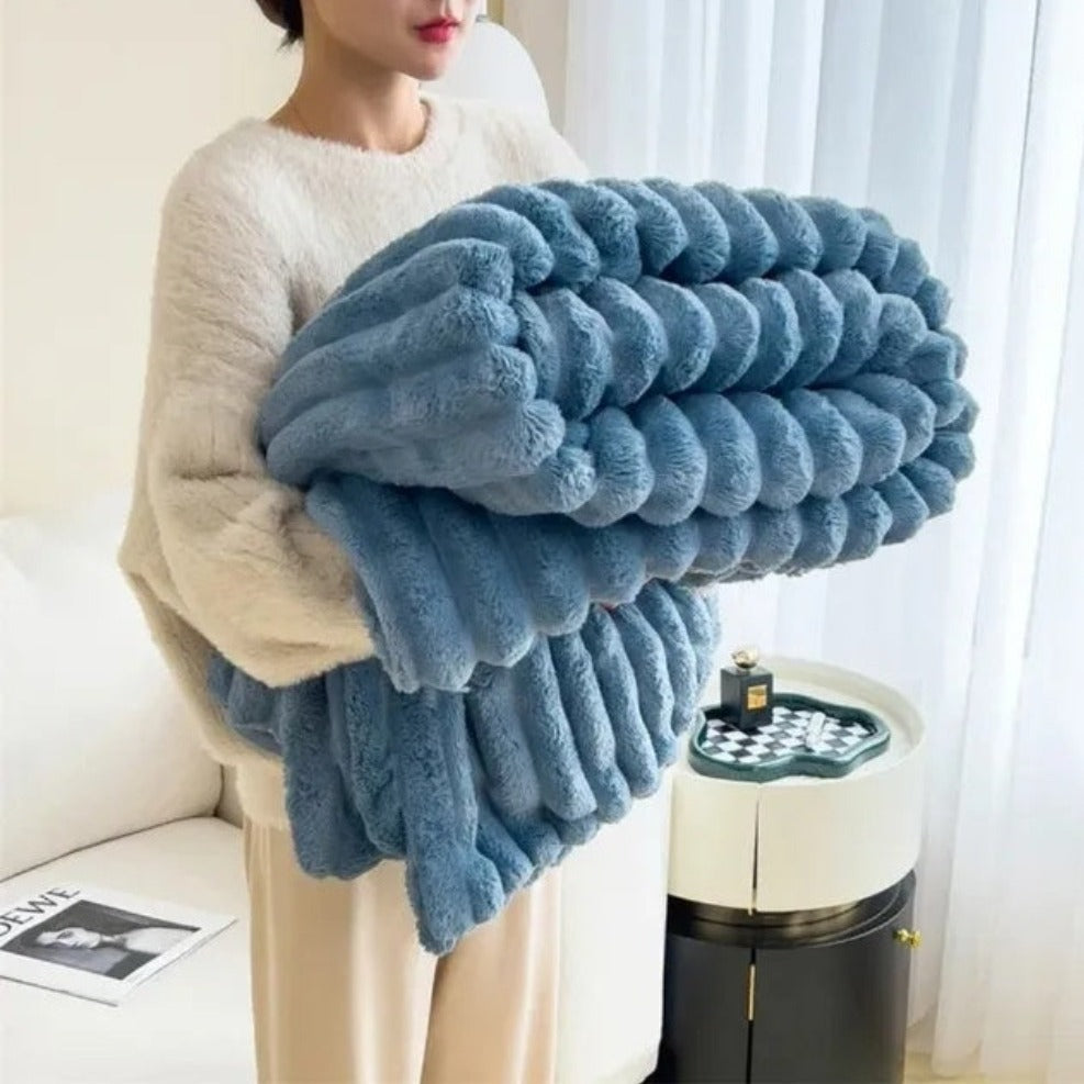Ribbed Fleece Throw Blanket Soft Cozy 59x79 or 79x91 inch Year-Round Warmth for Couch Bed Living Room Bedroom Rose Gray Blue Ivory | Thomler