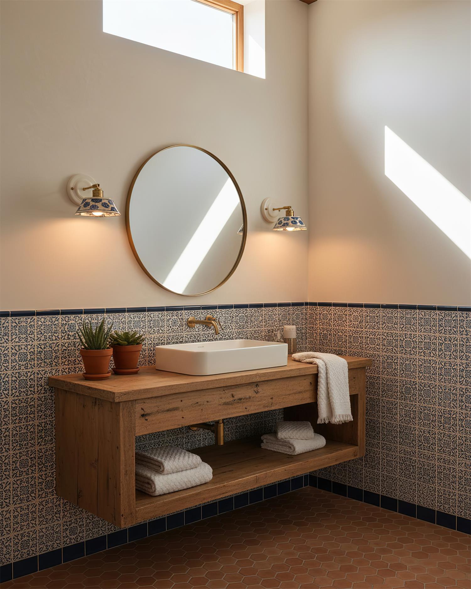 Wall Lamp Ceramic 6.7 in Blue White Brass Accent Bathroom Hallway Reading Light | Thomler