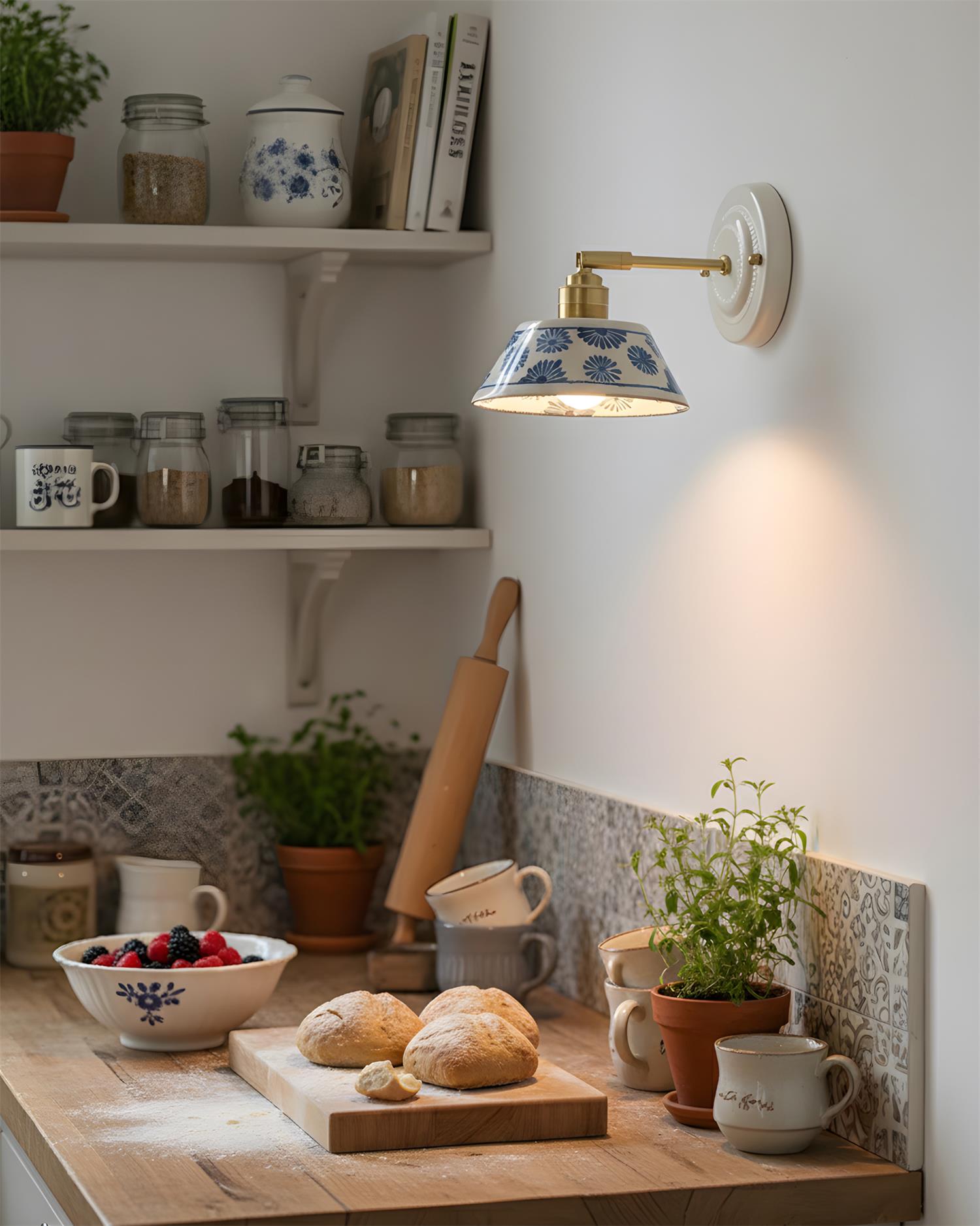Wall Lamp Ceramic 6.7 in Blue White Brass Accent Bathroom Hallway Reading Light | Thomler