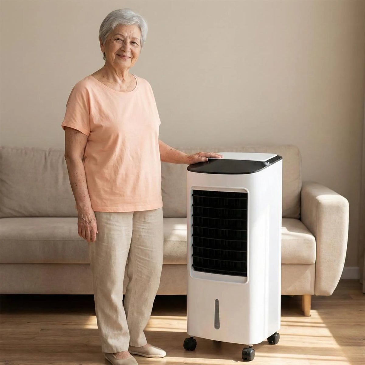 Floor-Standing Evaporative Cooler with Remote – Portable Room Cooling Unit for Bedroom, Office & Living Space – Windowless Design, Rolling | Thomler