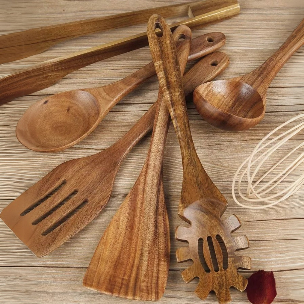 7-Piece Teak Wood Kitchen Utensil Set for Cooking & Serving, Heat-Resistant Natural Wooden Tools for Nonstick Pans, Includes Ladle Spatula | Thomler