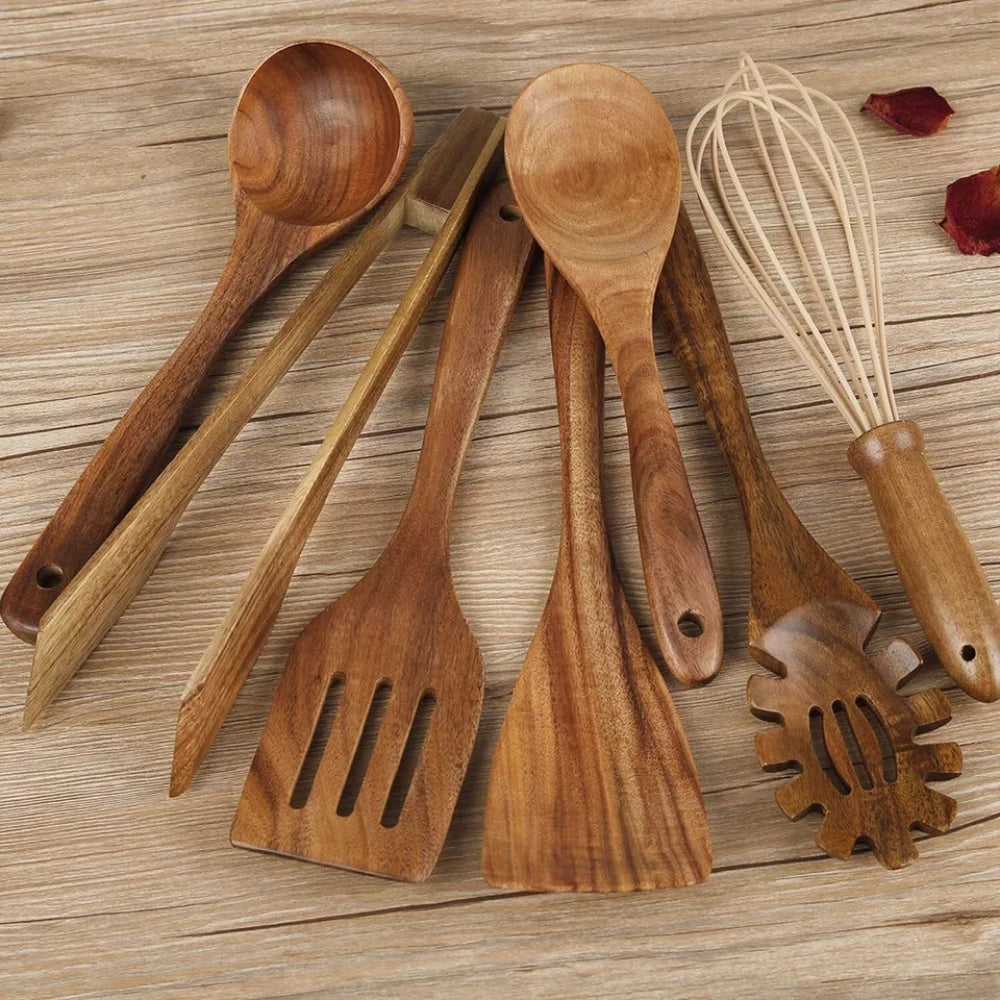 7-Piece Teak Wood Kitchen Utensil Set for Cooking & Serving, Heat-Resistant Natural Wooden Tools for Nonstick Pans, Includes Ladle Spatula | Thomler