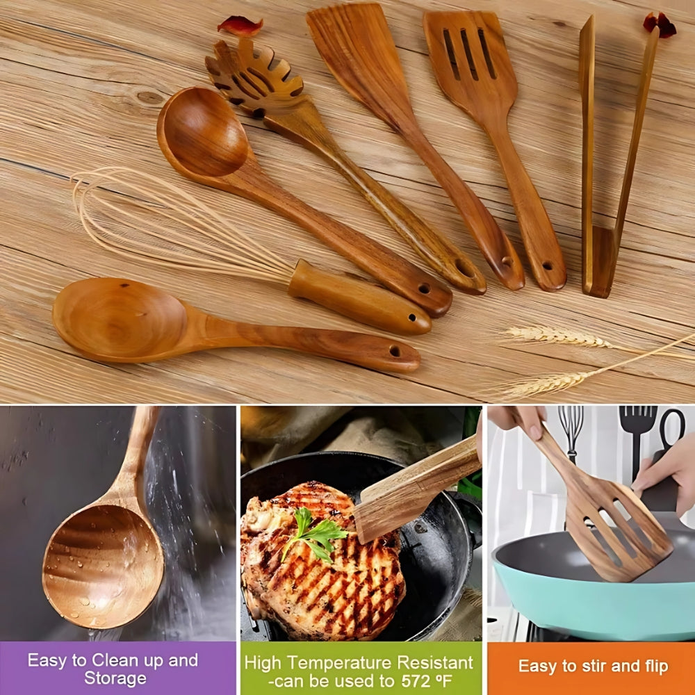 7-Piece Teak Wood Kitchen Utensil Set for Cooking & Serving, Heat-Resistant Natural Wooden Tools for Nonstick Pans, Includes Ladle Spatula | Thomler