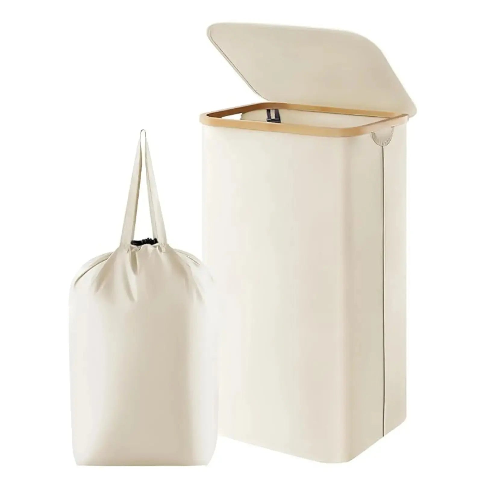 Collapsible Hamper with Cover & Removable Liner 100L Capacity for Bedroom Bathroom White Gray Black Bamboo Handles Upright Design | Thomler