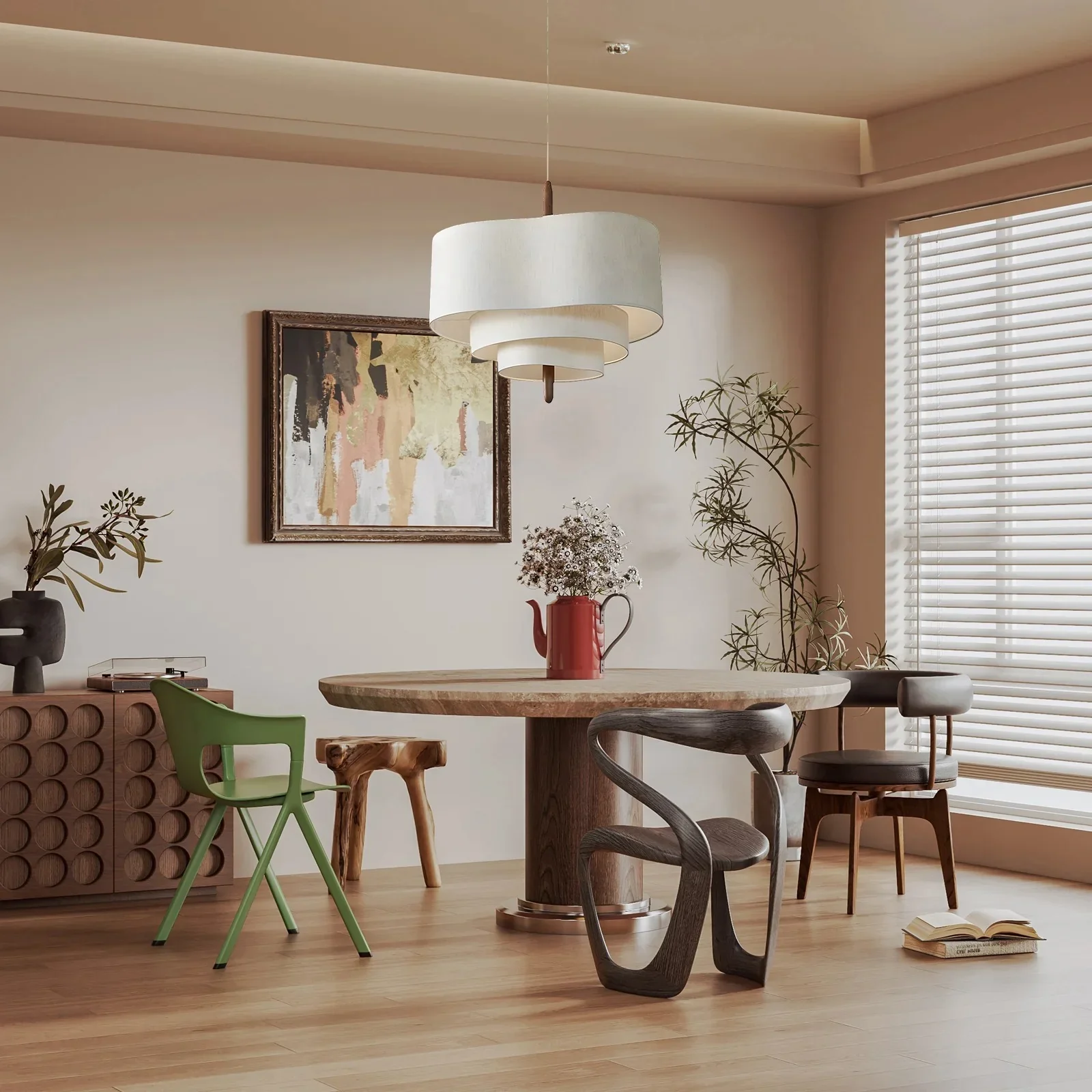 Pendant Light Fabric Wood 58.0 cm Beige Dining Room Japandi Wabi Sabi Hanging Ceiling Lamp Adjustable E27 | Thomler