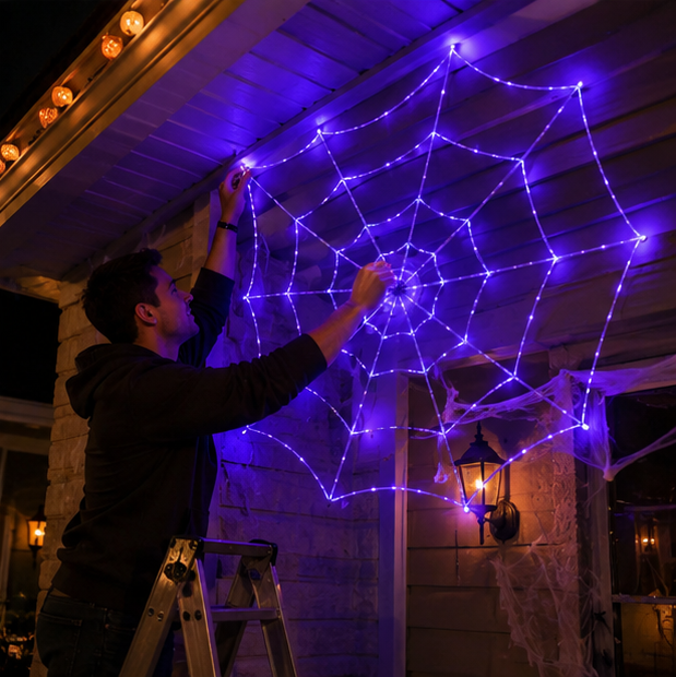 LED Cobweb Light with Remote – 12 ft Illuminated Spider Web for Halloween Parties & Haunted Displays | Thomler