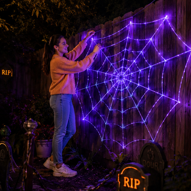 LED Cobweb Light with Remote – 12 ft Illuminated Spider Web for Halloween Parties & Haunted Displays | Thomler