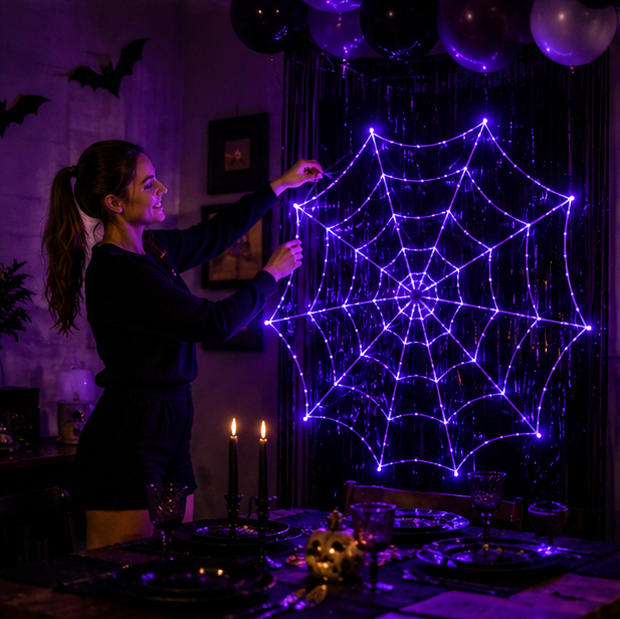 LED Cobweb Light with Remote – 12 ft Illuminated Spider Web for Halloween Parties & Haunted Displays | Thomler