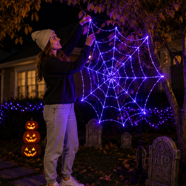 LED Cobweb Light with Remote – 12 ft Illuminated Spider Web for Halloween Parties & Haunted Displays | Thomler
