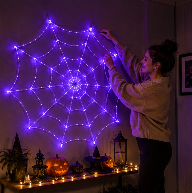 LED Cobweb Light with Remote – 12 ft Illuminated Spider Web for Halloween Parties & Haunted Displays | Thomler