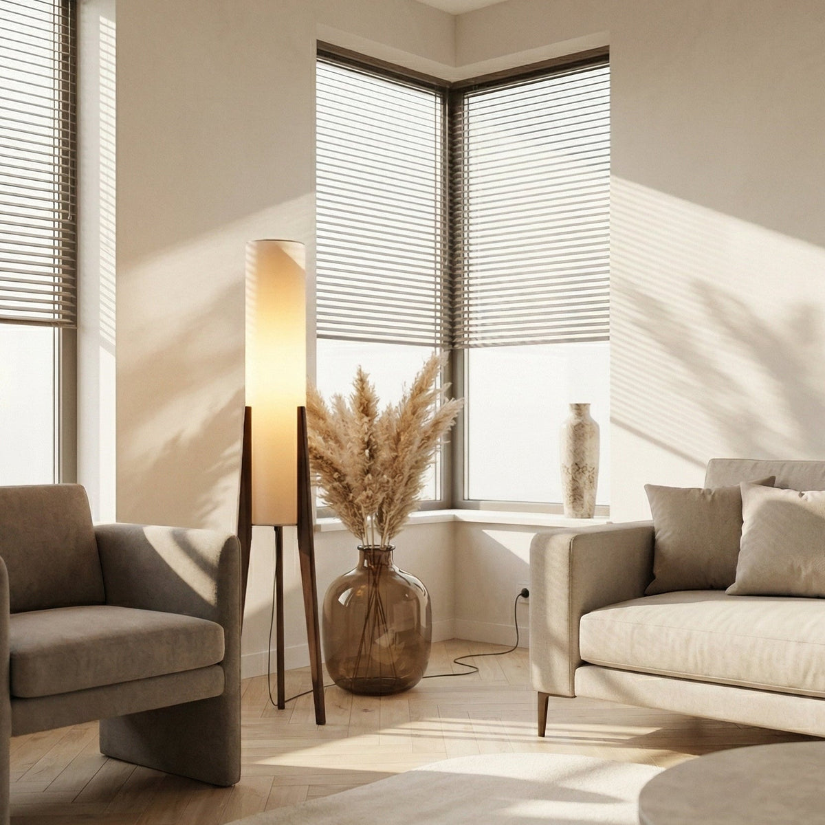 Sculptural Wood Floor Lamp with Brass Accents & Fabric Shade for Living Room, Bedroom & Office | Thomler