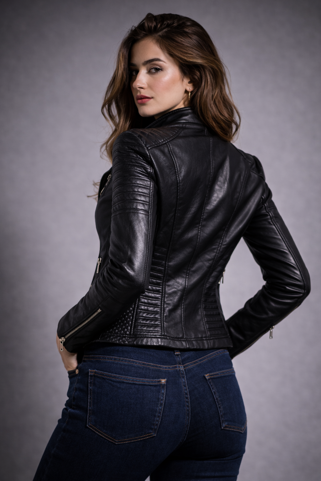 Women's Real Leather Moto Jacket with Diagonal Zipper and Textured Shoulder Detail | Thomler