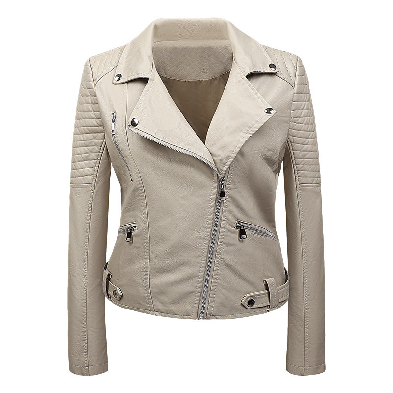 Women's Real Leather Moto Jacket with Diagonal Zipper and Textured Shoulder Detail | Thomler