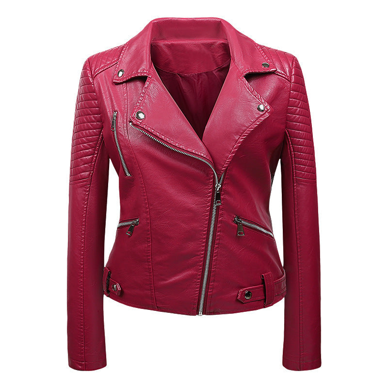 Women's Real Leather Moto Jacket with Diagonal Zipper and Textured Shoulder Detail | Thomler