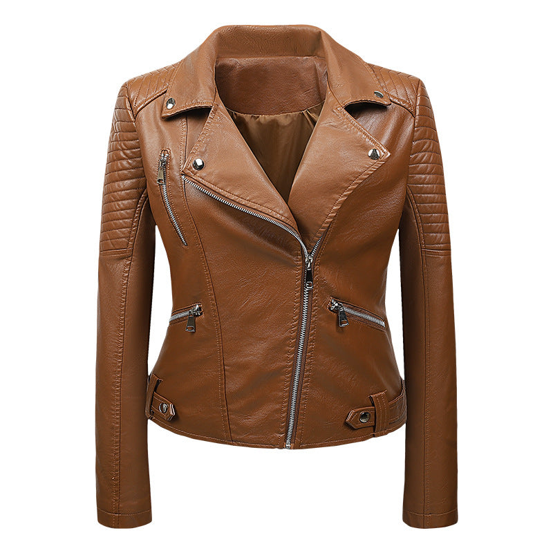 Women's Real Leather Moto Jacket with Diagonal Zipper and Textured Shoulder Detail | Thomler