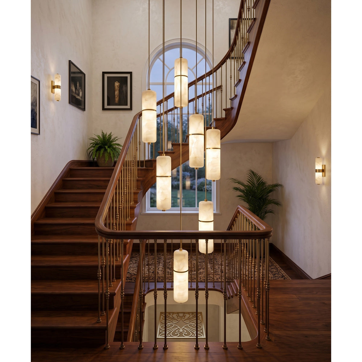 Alabaster Cluster Chandelier with Brass Accents & Integrated LED - Multiple Drop Configurations for High Ceilings, Dining Rooms & Foyers | Thomler