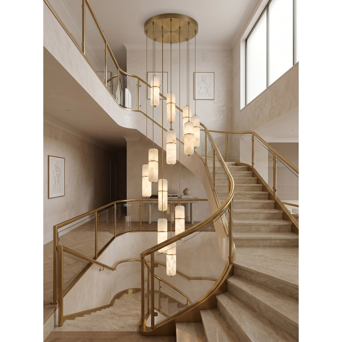 Alabaster Cluster Chandelier with Brass Accents & Integrated LED - Multiple Drop Configurations for High Ceilings, Dining Rooms & Foyers | Thomler