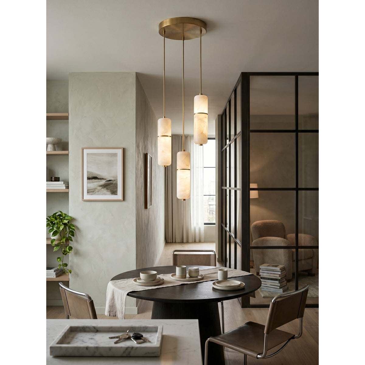 Alabaster Cluster Chandelier with Brass Accents & Integrated LED - Multiple Drop Configurations for High Ceilings, Dining Rooms & Foyers | Thomler
