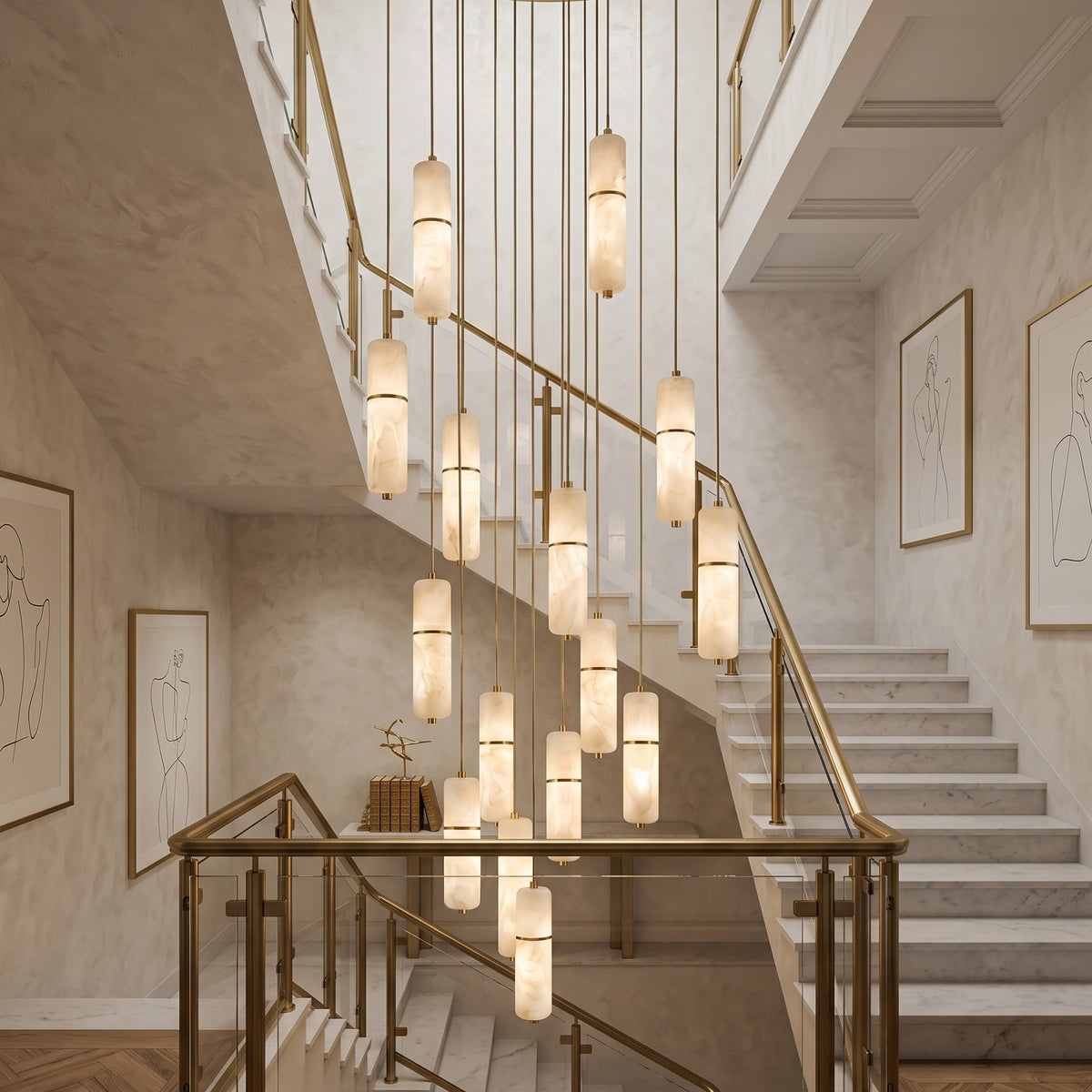 Alabaster Cluster Chandelier with Brass Accents & Integrated LED - Multiple Drop Configurations for High Ceilings, Dining Rooms & Foyers | Thomler