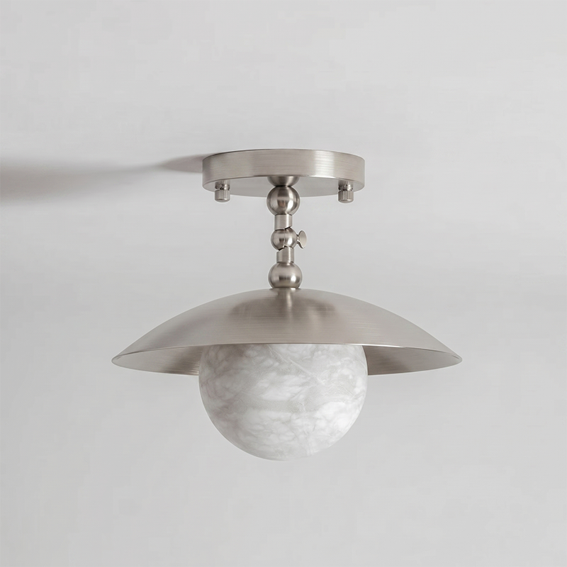Semi-Flush Ceiling Light with Hand-Finished Brass and Glass or Alabaster Shade – 10 in – Hardwired Ceiling Fixture for Kitchen, Hallway | Thomler