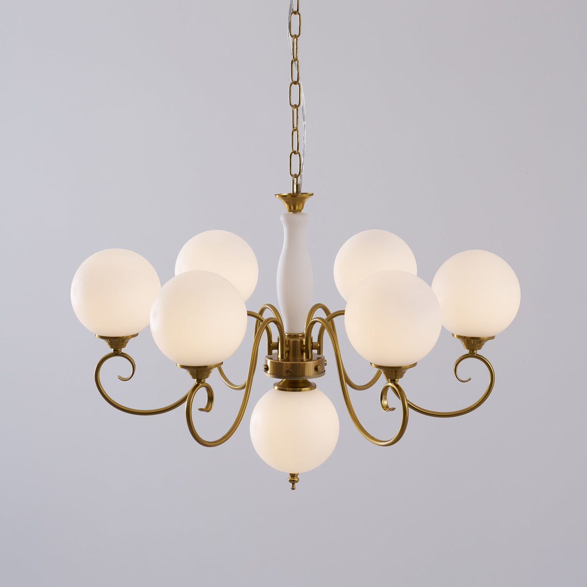 Handcrafted Glass Globe Chandelier with Aged Brass Frame – Multi-Arm Mid-Century Statement Light Fixture | Thomler