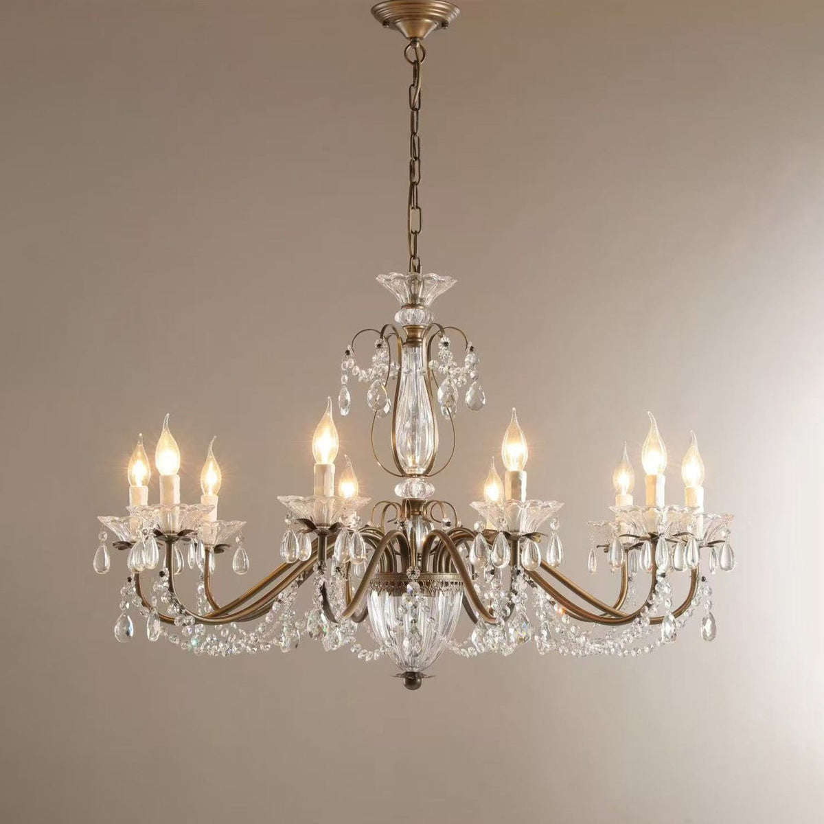 Classic Glass Globe Ceiling Fixture with Hanging Crystals – Multi-Light Dining Room Lighting in Warm Bronze Finish for Foyer, Living Room | Thomler