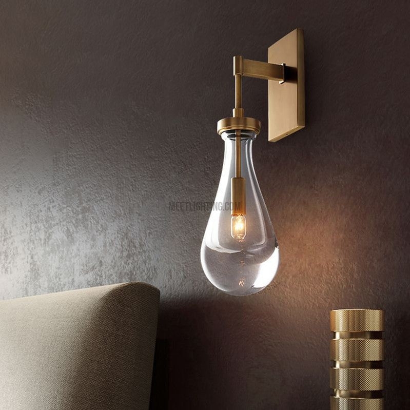 Hand-Blown Glass Wall Sconce with Teardrop Shade – Modern Brass Lighting for Bedroom, Hallway & Living Room | Thomler