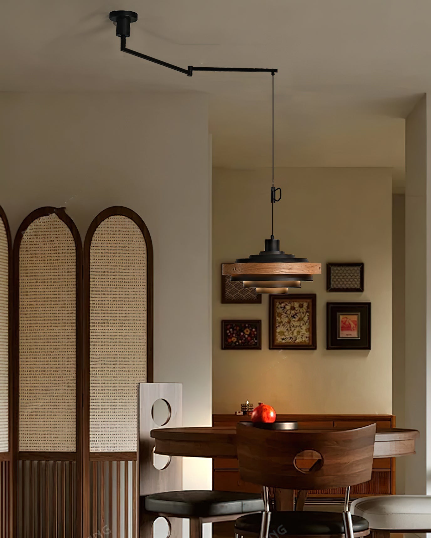 Pendant Light Metal Wood 15.7 in Adjustable Dining Room Kitchen Island Hanging Lamp Black Walnut White | Thomler