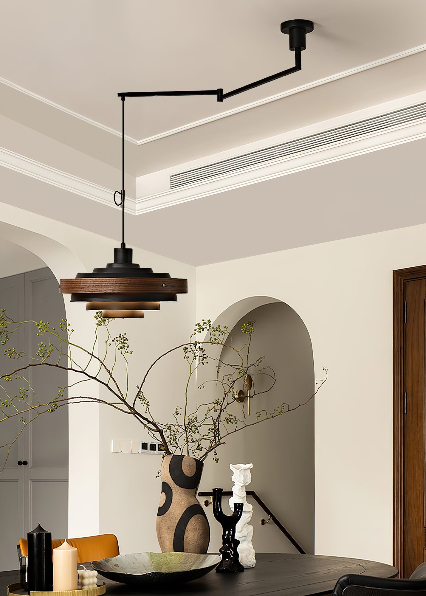 Pendant Light Metal Wood 15.7 in Adjustable Dining Room Kitchen Island Hanging Lamp Black Walnut White | Thomler