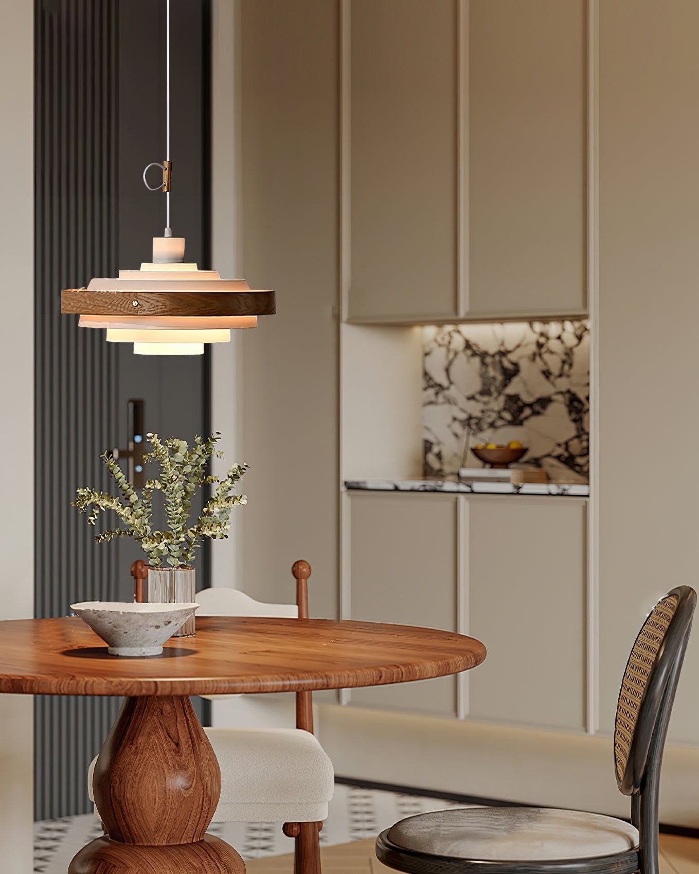 Pendant Light Metal Wood 15.7 in Adjustable Dining Room Kitchen Island Hanging Lamp Black Walnut White | Thomler