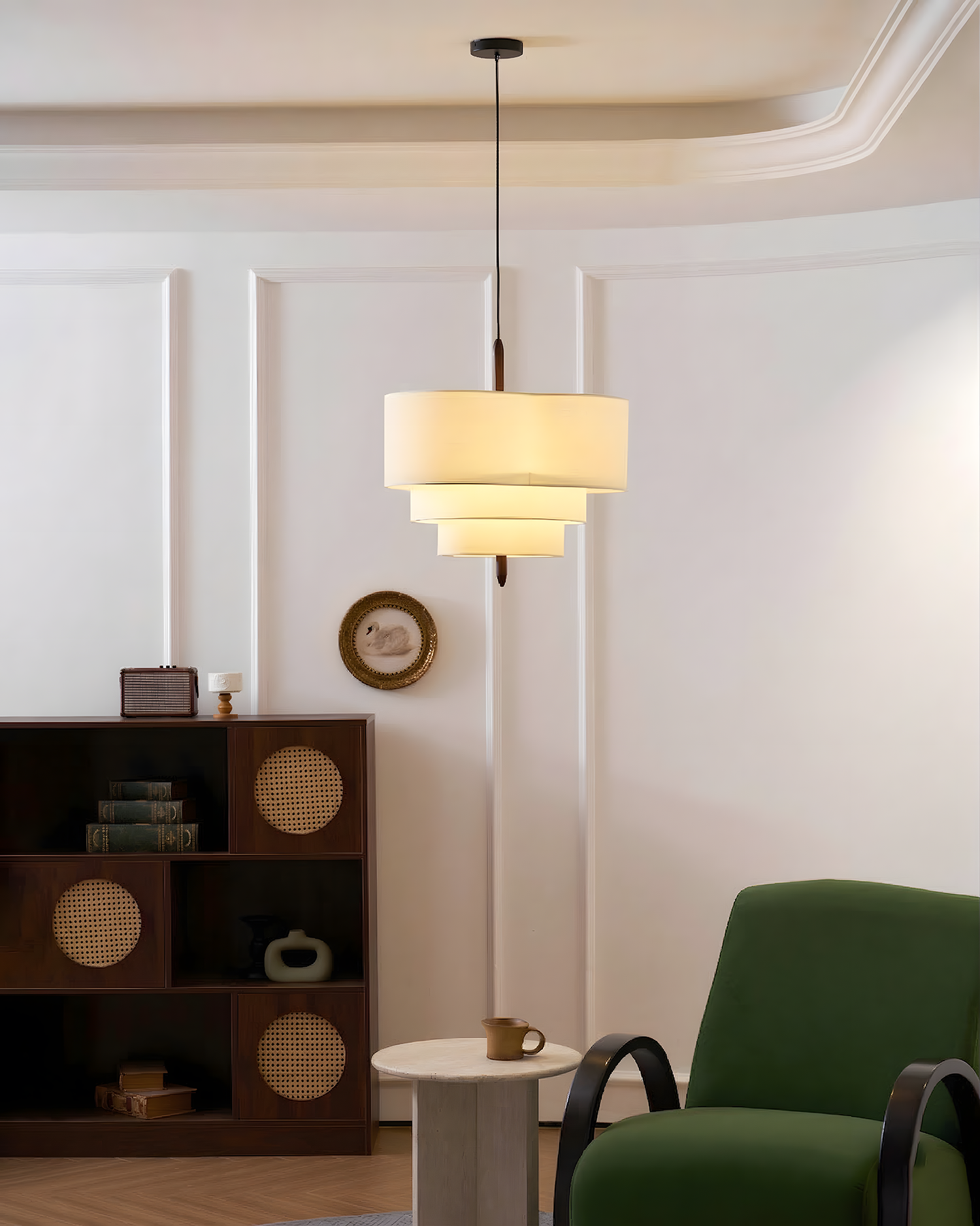 Pendant Light Fabric 17.7 in 3-Head Walnut Dining Room Ceiling Lamp Adjustable Height Modern Lighting Fixture | Thomler