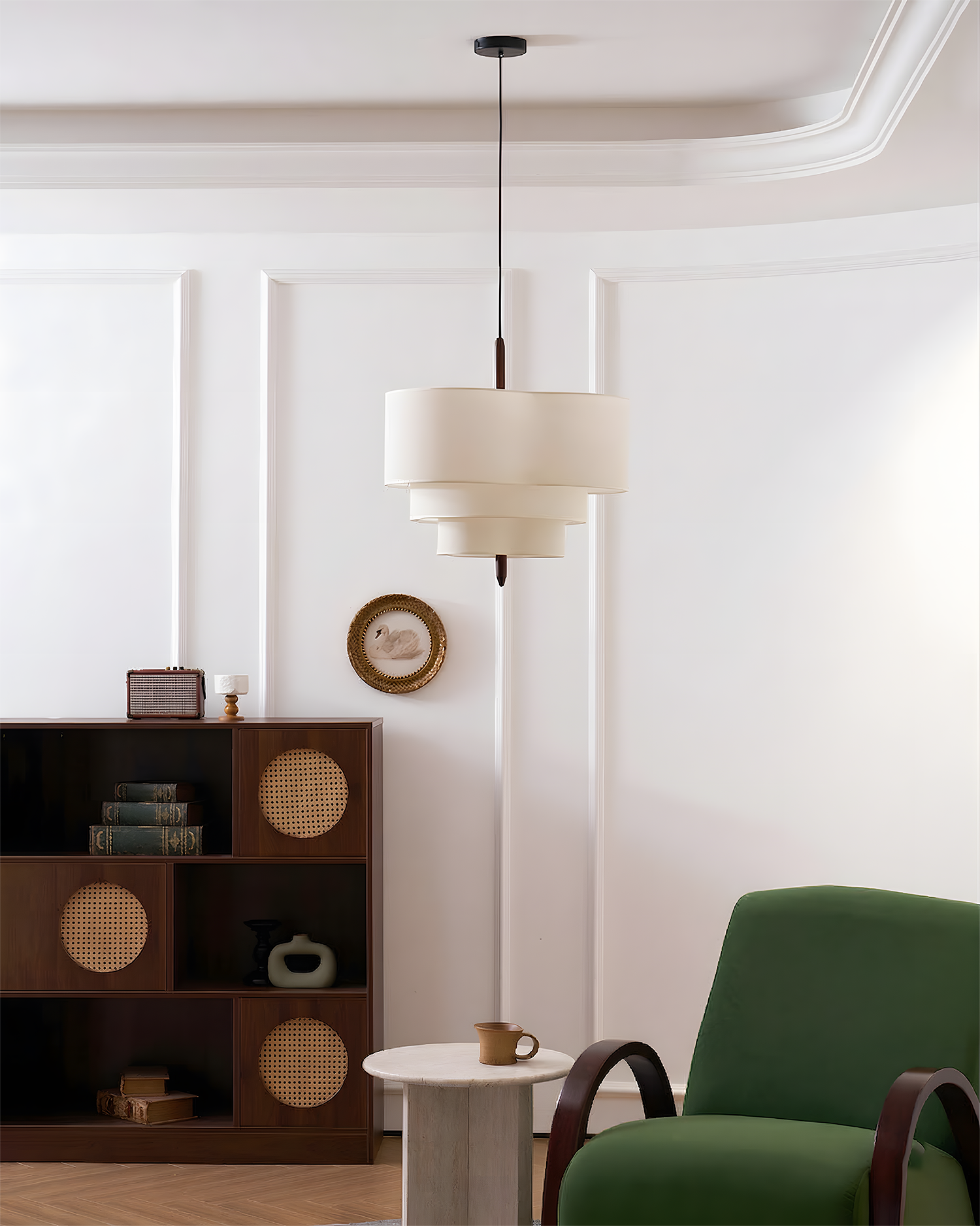 Pendant Light Fabric 17.7 in 3-Head Walnut Dining Room Ceiling Lamp Adjustable Height Modern Lighting Fixture | Thomler