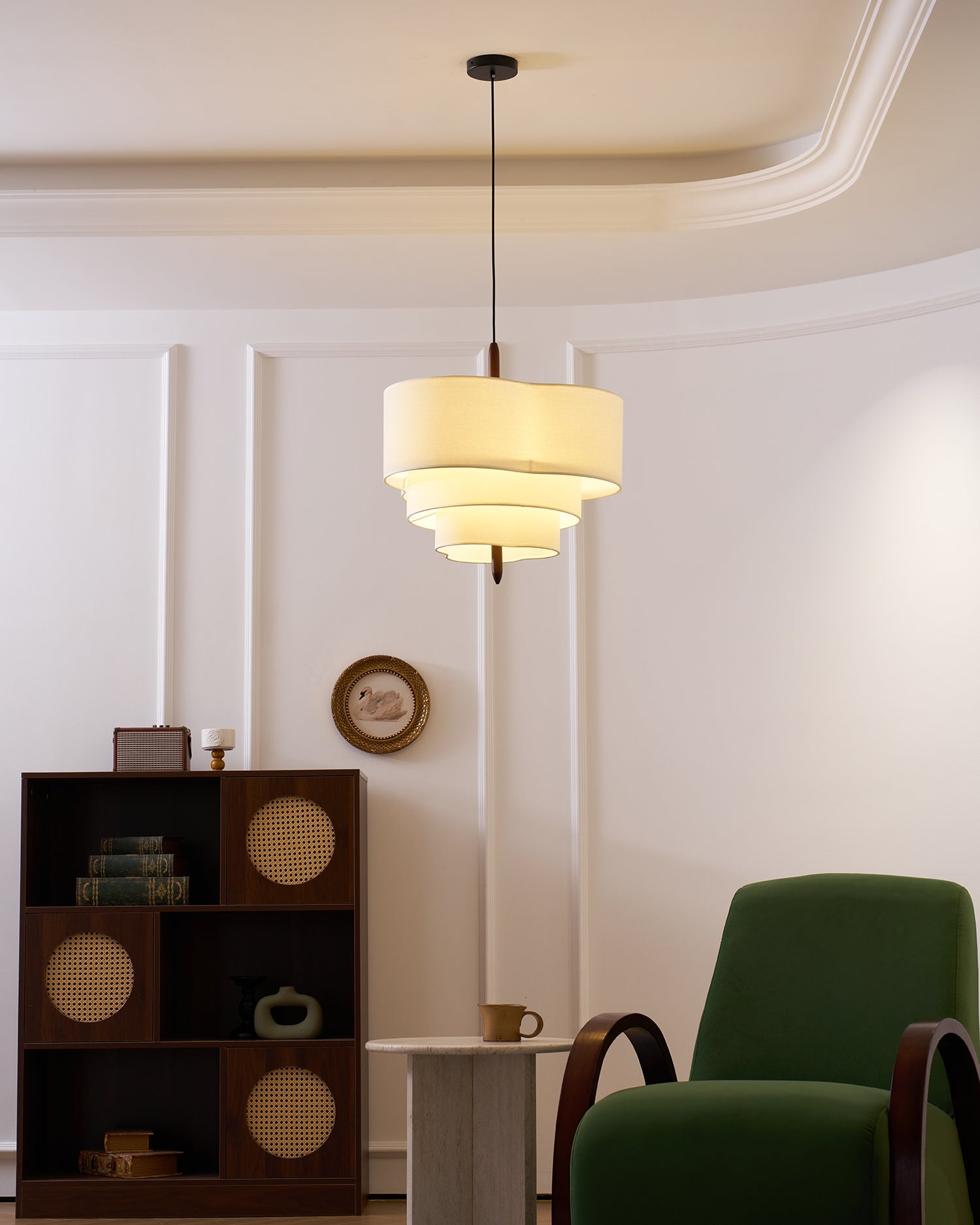 Pendant Light Fabric 17.7 in 3-Head Walnut Dining Room Ceiling Lamp Adjustable Height Modern Lighting Fixture | Thomler