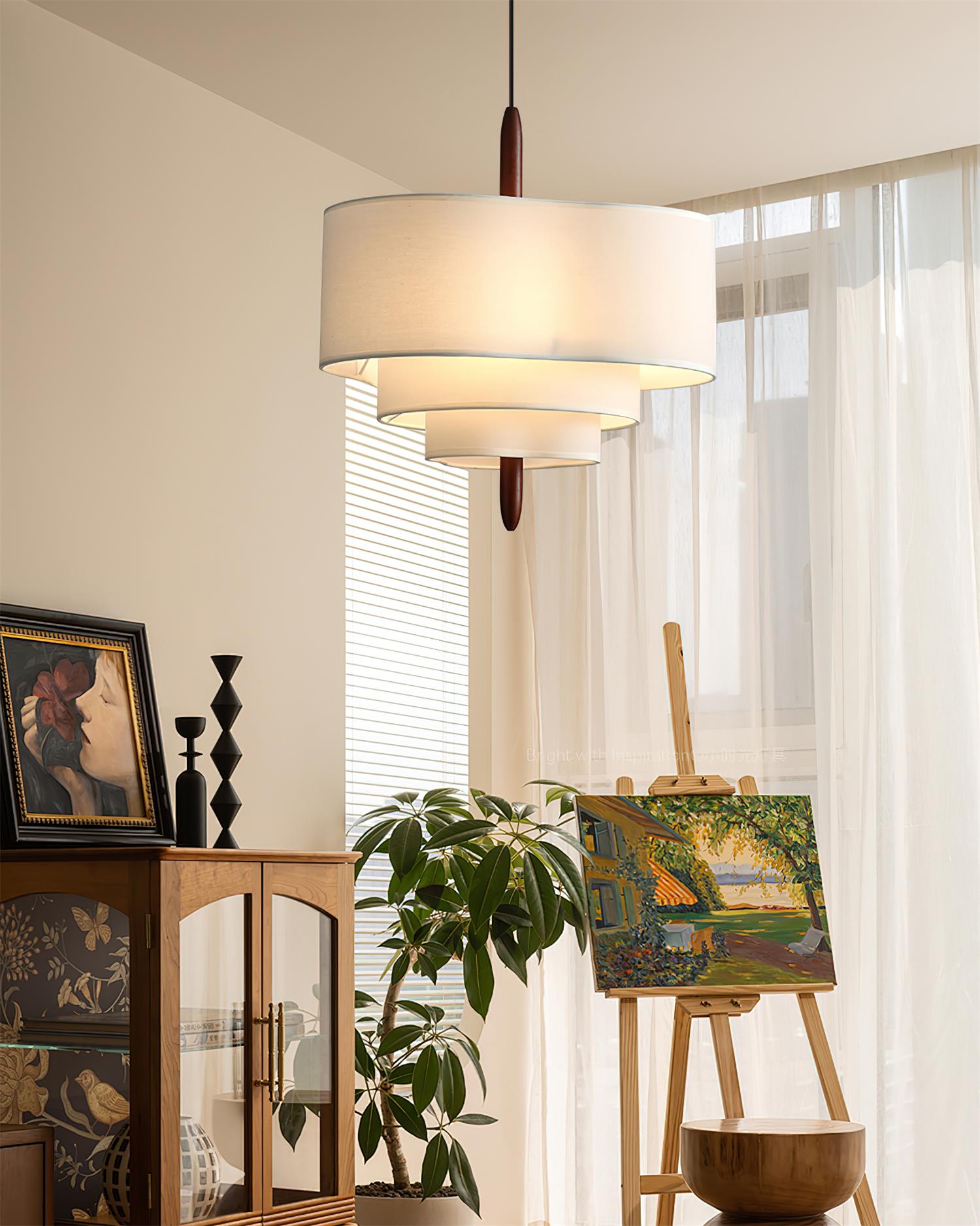 Pendant Light Fabric 17.7 in 3-Head Walnut Dining Room Ceiling Lamp Adjustable Height Modern Lighting Fixture | Thomler