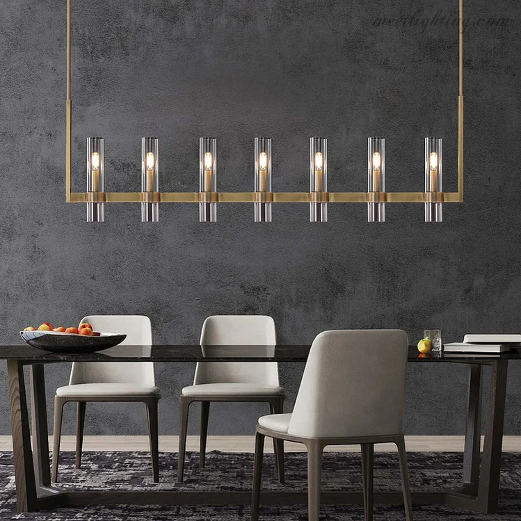 Linear Chandelier with Hand-Blown Glass Shades 59 in – 7-Light Contemporary Metal Fixture for Dining Room & Kitchen | Thomler