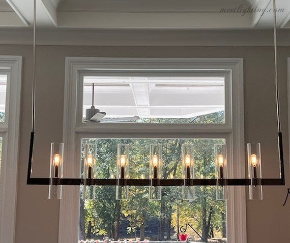 Linear Chandelier with Hand-Blown Glass Shades 59 in – 7-Light Contemporary Metal Fixture for Dining Room & Kitchen | Thomler