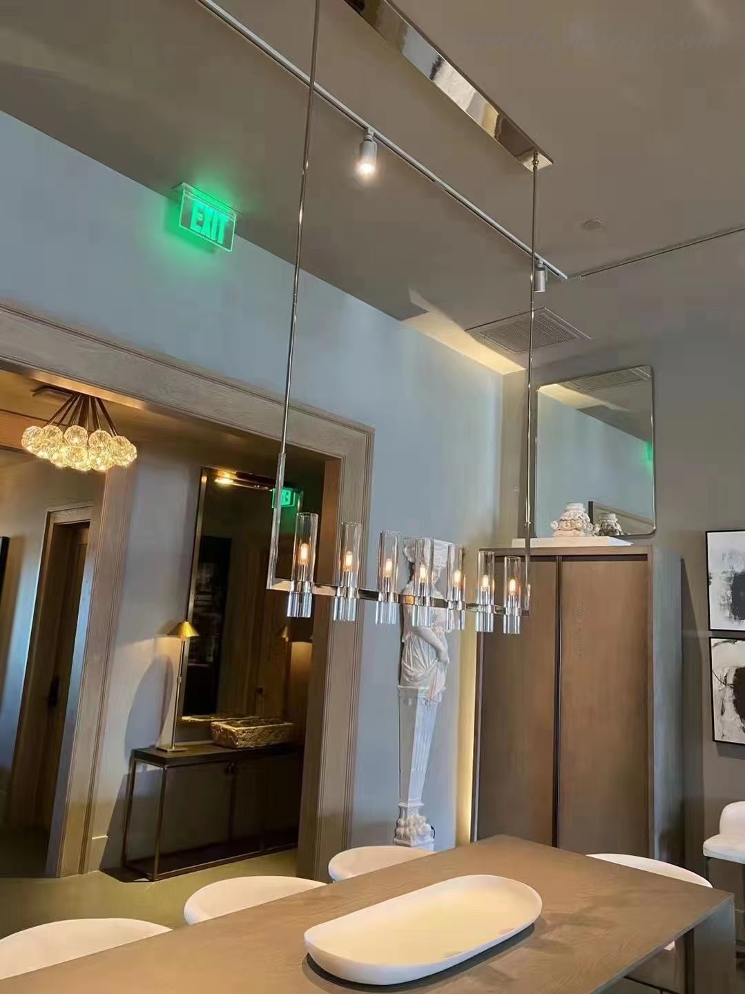 Linear Chandelier with Hand-Blown Glass Shades 59 in – 7-Light Contemporary Metal Fixture for Dining Room & Kitchen | Thomler