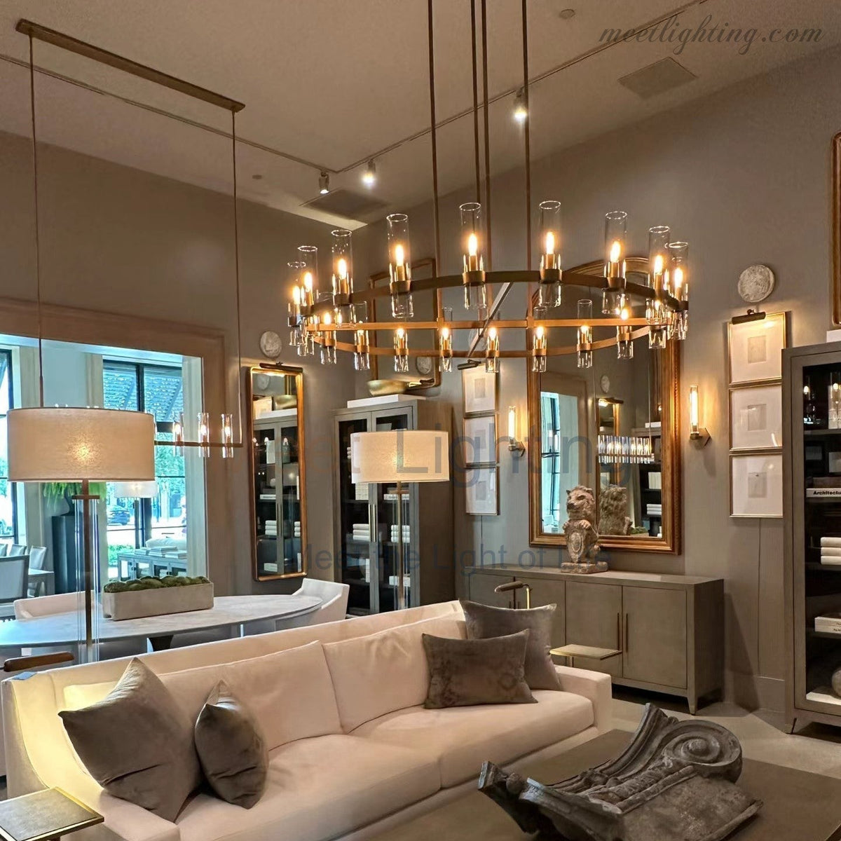 Linear Chandelier with Hand-Blown Glass Shades 59 in – 7-Light Contemporary Metal Fixture for Dining Room & Kitchen | Thomler