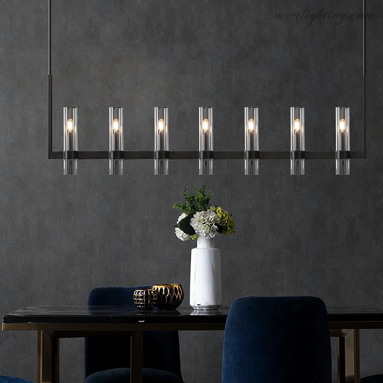 Linear Chandelier with Hand-Blown Glass Shades 59 in – 7-Light Contemporary Metal Fixture for Dining Room & Kitchen | Thomler