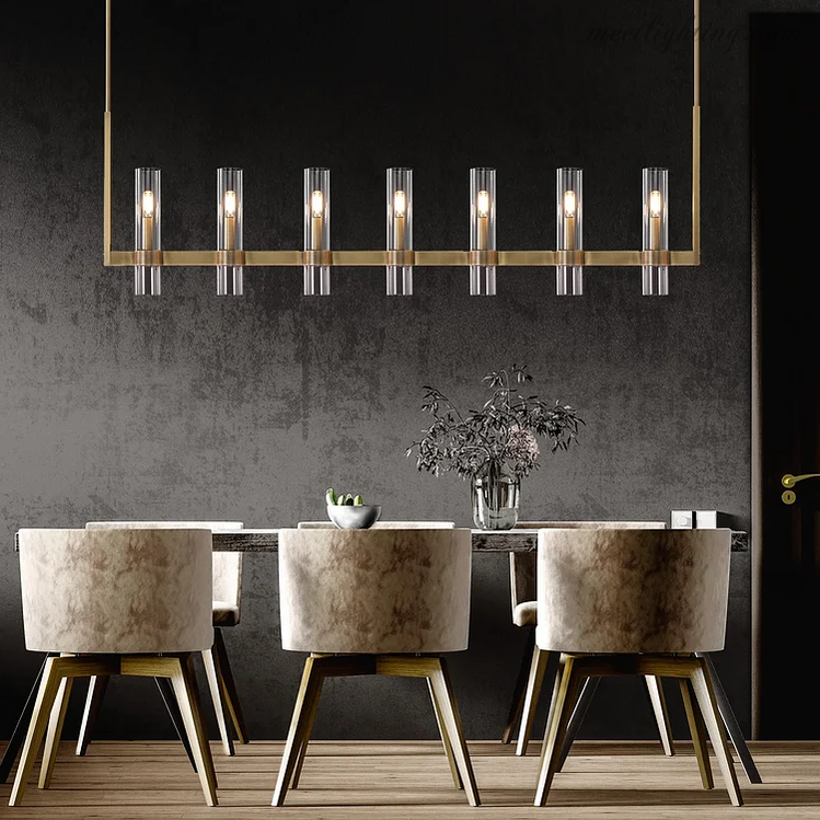 Linear Chandelier with Hand-Blown Glass Shades 59 in – 7-Light Contemporary Metal Fixture for Dining Room & Kitchen | Thomler