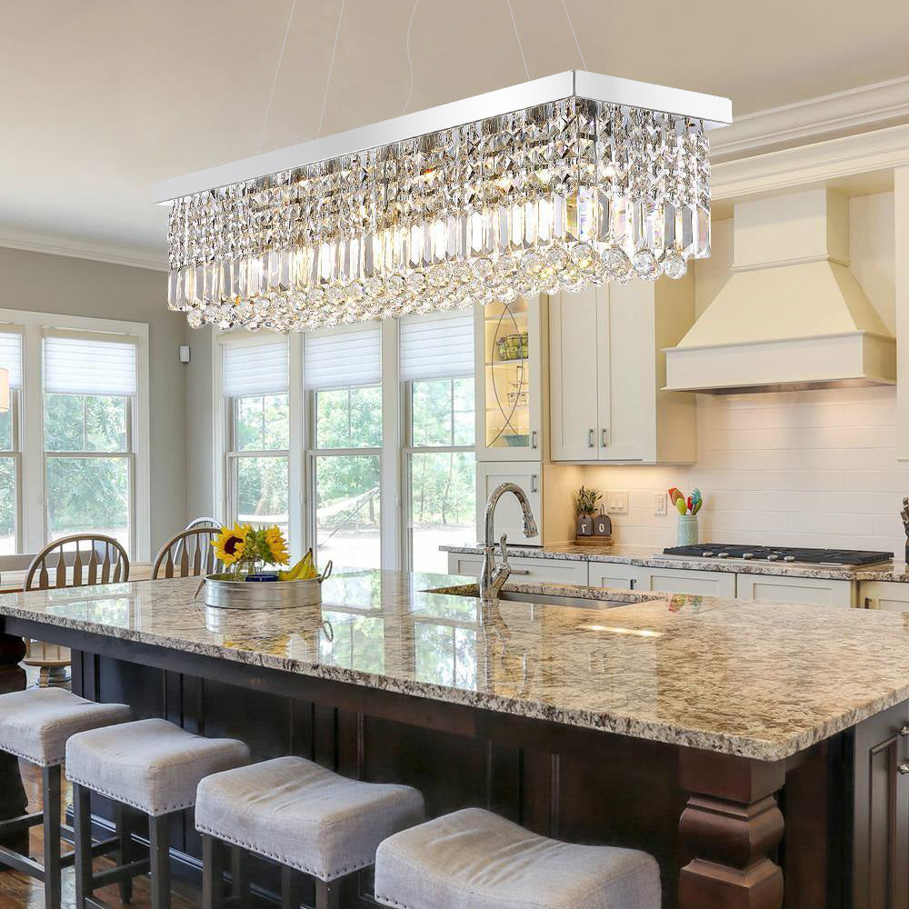 Linear K9 Glass Drop Ceiling Light Fixture for Dining Room & Kitchen – Chrome Finish | Thomler